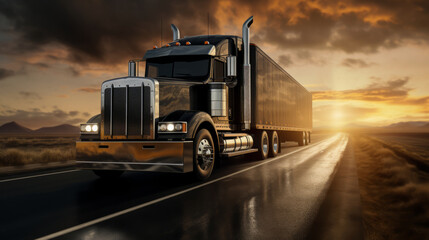 A semi-truck hauling a tanker trailer drives down a straight highway towards a colorful sunset.