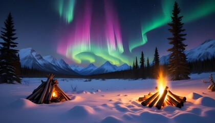 Fototapeta premium Campfire with aurora lights in snowy landscape background