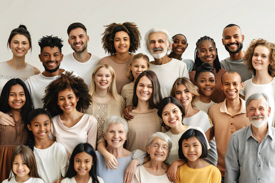 A large group of happy people from different ethnic groups and different generations of people	