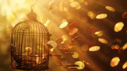 Golden coins escaping from an open birdcage into a clear blue sky, representing wealth and newfound freedom