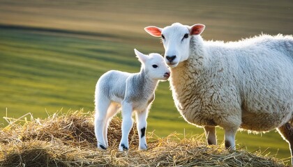 Fototapeta premium Motherly Love: Sheep and Lamb Sharing a Heartwarming Bond in the Hay