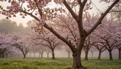 Pink Cherry Blossoms in a Foggy Meadow.
