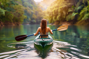 Woman Kayaking on Calm Lake, Solo Adventure, Peaceful Paddle, Nature Exploration, Female Outdoors, Water Sports, Kayaking Journey, Independence in Nature, Scenic River, Tranquil Kayaking, Lady on