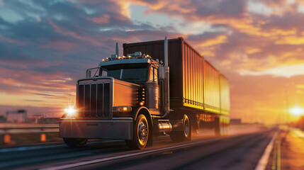 A semi-truck hauling a tanker trailer drives down a straight highway towards a colorful sunset.