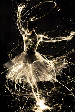 An abstract drawing of a ballerina dancing with a lot of energy on a black background, surrounded by light scratches and sparkles