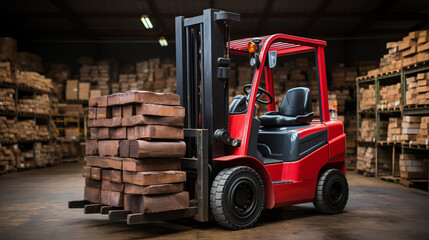 A red forklift parked in a warehouse.