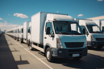 A row of blue vans of various sizes and colors drive down a scenic road.