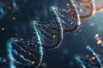 DNA double helix with shine on blue blur background, like super microscope view. 16-9 wallpaper