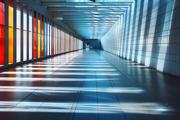 Fototapeta premium Modern Corridor with Colorful Glass Panels and Sunlight Patterns