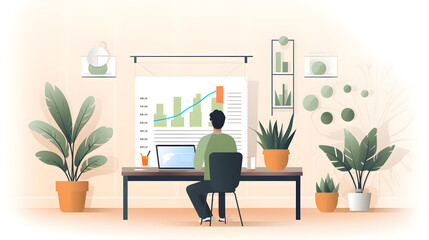 Fototapeta premium A person working on a laptop at a desk with plants, viewing a chart on the wall in a minimalist home office.