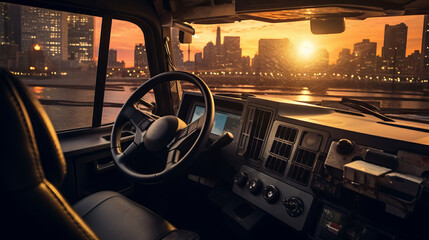 A modern car dashboard with a vibrant city skyline view in the background.