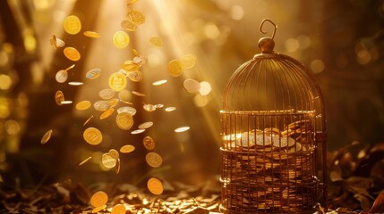 Golden coins escaping from an open birdcage into a clear blue sky, representing wealth and newfound freedom