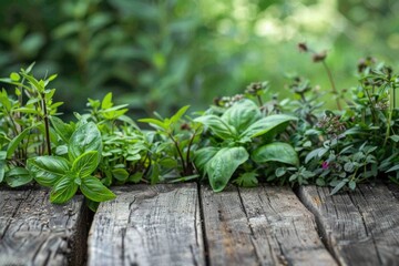 Herb Garden on Rustic Wooden Table: Growing Fresh Basil and Other Spices