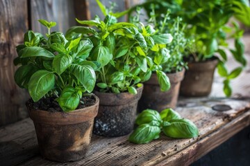 Herb Garden on Rustic Wooden Table: Growing Fresh Basil and Spices