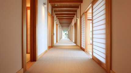 Fototapeta premium Tranquil Japanese Ryokan Hallway with Traditional Architecture and Serene Atmosphere