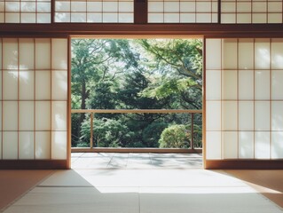 Tranquil Japanese Ryokan Room with Sliding Shoji Doors Overlooking Serene Garden