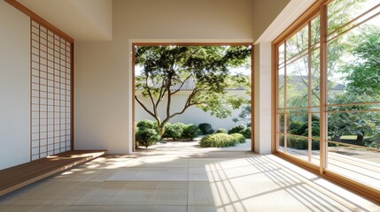 Serene Japanese Ryokan Interior with Zen Garden View Through Shoji Windows - Minimalist Design, Tatami Mats, Wooden Elements for Tranquility and Cultural Immersion