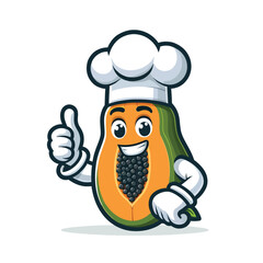 Cute papaya cartoon mascot wearing chef costume