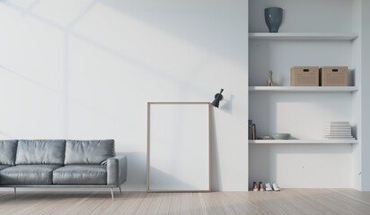 white living room with  stylish sofa and blank poster frame