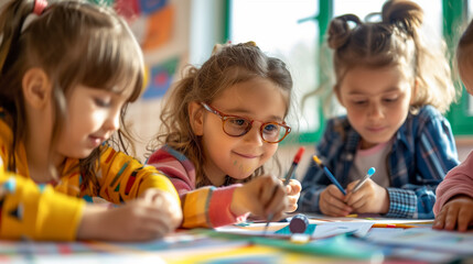 smiling little kid doodling with a pen and paper, drawing and writing on a white page in a school, colourful, coloring a page