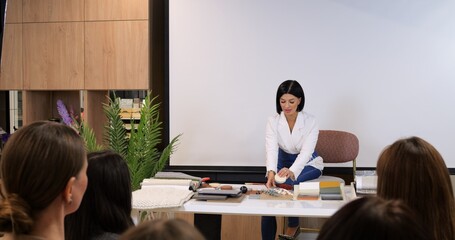Woman confidently presenting project, highlighting leadership skills of professional woman. Scene...