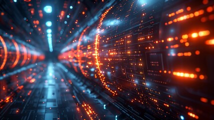 Obraz premium An illustration featuring a dynamic and futuristic tunnel with glowing blue and red lights that resemble flowing data or energy. The perspective view creates depth, suggesting advanced technology