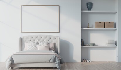 white bedroom with stylish bed and blank poster frame