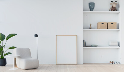 white living room with stylish armchair and blank poster frame