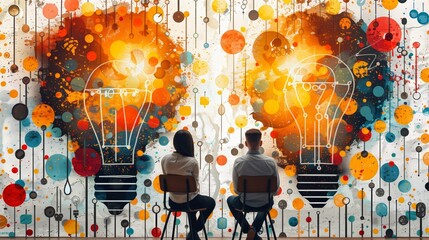 an artistic interpretation of the creative process with two stylized light bulbs painted on a wall, surrounded by colorful splatters. It represents innovation, inspiration, and the exchange of ideas
