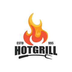 grill barbeque barbecue bbq with fork fire flame badge set logo design vector template