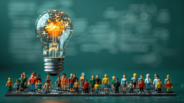 a group of miniature people gazing at an illuminated light bulb on a digital circuit pattern background. Symbolizes collective human ingenuity, teamwork, and the power of ideas.