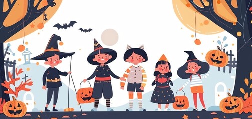 Cute kids in Halloween costumes trick or treating.
