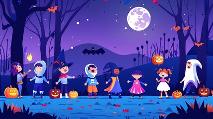 Naklejka premium Cute kids in Halloween costumes trick or treating in a spooky forest.