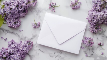 Spring lilac flowers composition with empty envelope on marble background Mockup card with copy space