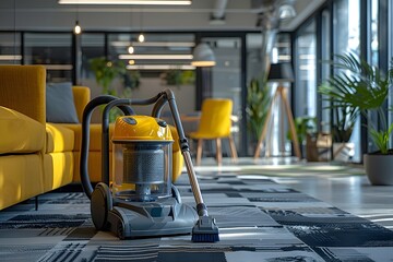 Fototapeta premium Modern Living Room with a Vacuum Cleaner on a Stylish Carpet