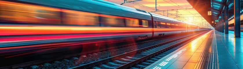 Naklejka premium A high-speed train captured in motion at a modern railway station during sunset, showcasing vibrant colors and dynamic movement.