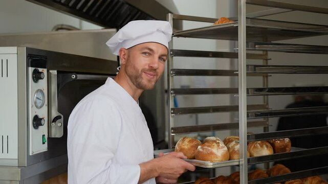 Portrait of a baker in bakery with bread