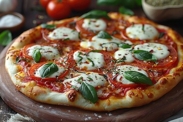 Deliciously Melty Pizza with Tomato Sauce, Mozzarella Cheese, and Basil Leaves in Close-Up Shot