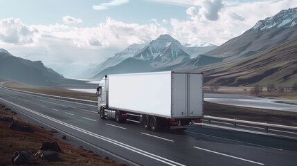 Obraz premium White cargo truck with a white blank empty trailer on highway road