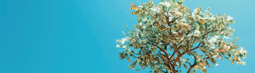 Tree with banknotes as leaves under a clear blue sky, symbolizing financial growth and prosperity