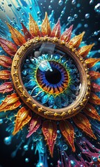 Abstract Eye with Colorful Flower Pattern and Water Droplets.
