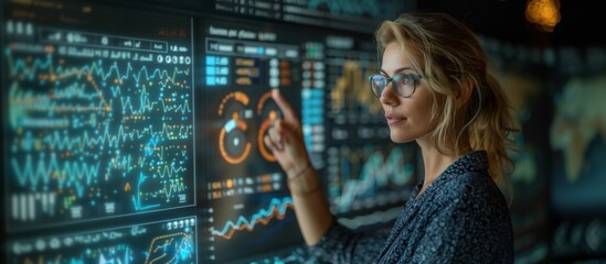 Woman Analyzing Data on Interactive Digital Screens in Modern High-Tech Office Environment