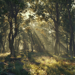 Obraz premium vintage image of a Forrest with sun rays coming through the trees