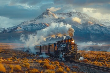 Fototapeta premium Steam Locomotive: A Symbol of Power and Progress Across Vast Landscapes