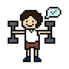 Obraz premium Cute pixel cartoon 8bit character man weight training with dumbbell lifestyle lifting gym decoration life style 8 bit male boy weight fitness isolated PNG vector.