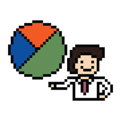 Obraz premium Cute pixel cartoon 8bit character business man businessman smart game for decoration business 8 bit male career smart character game PNG vector.
