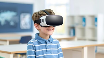 Smiling boy wearing VR headset in classroom.