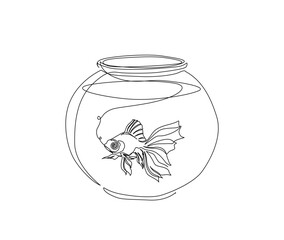 Continuous one line drawing of goldfish in the fishtank. Fish in single line vector illustration. Editable stroke.
