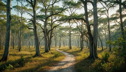 Fototapeta premium Sunlit Forest Path.