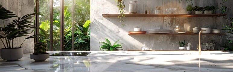 Table Top And Blur Kitchen Room of The Background. AI generated illustration